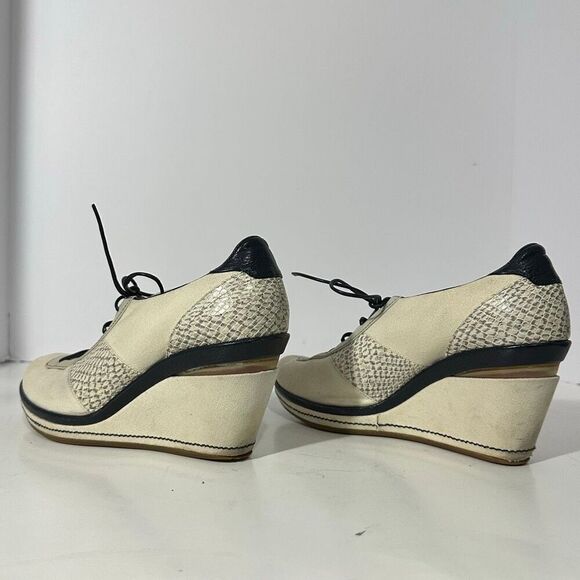 Cole Haan Canvas and Leather Lace-up Wedge Shoes Off-white & Blue | Women Size 6 - Picture 14 of 16